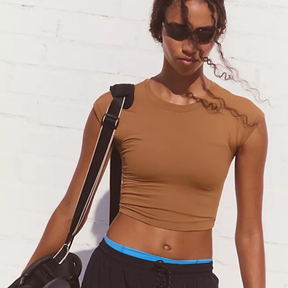 FP Movement by Free People Cropped Short Sleeve Tee in Camel